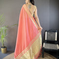 Pink Linen Silk Saree with Golden Zari Border Tassel Pallu