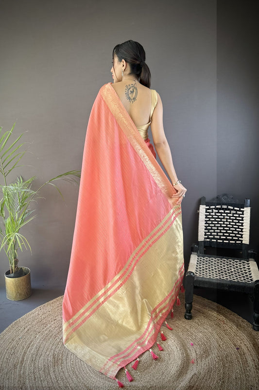 Pink Linen Silk Saree with Golden Zari Border Tassel Pallu