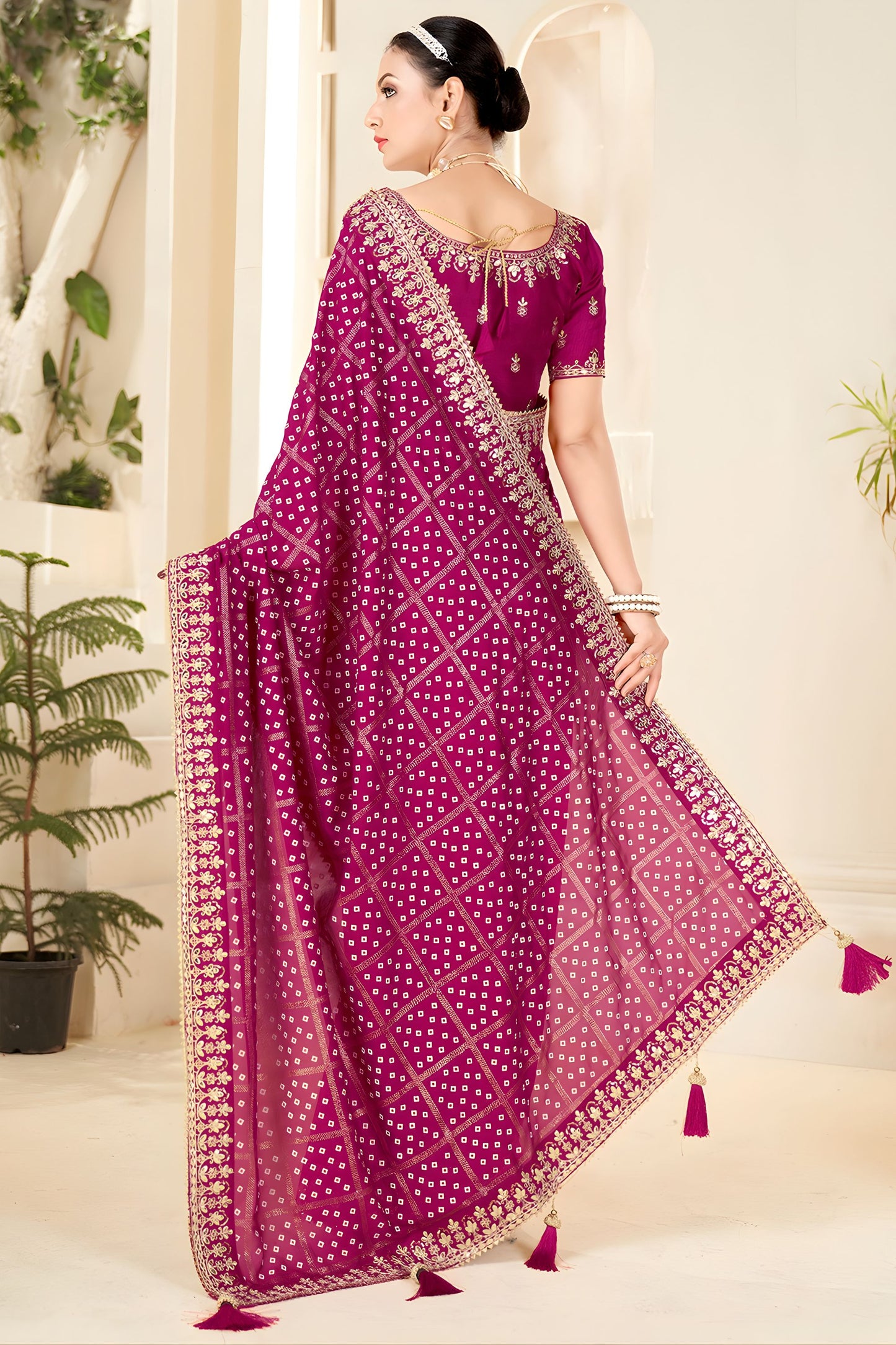 Rani Pink Embroidered Designer Saree with Sequins Work Heavy Border