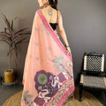 Peach Pink Linen Cotton Saree Artistic Elephant Print Pallu