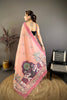 Peach Pink Linen Cotton Saree Artistic Elephant Print Pallu