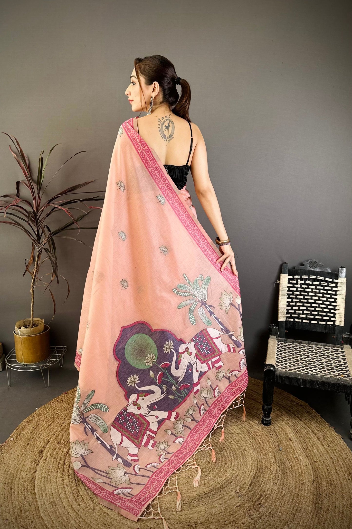 Peach Pink Linen Cotton Saree Artistic Elephant Print Pallu