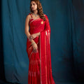 Red Satin Silk Saree with Gold Zari Border Designer Party Wear