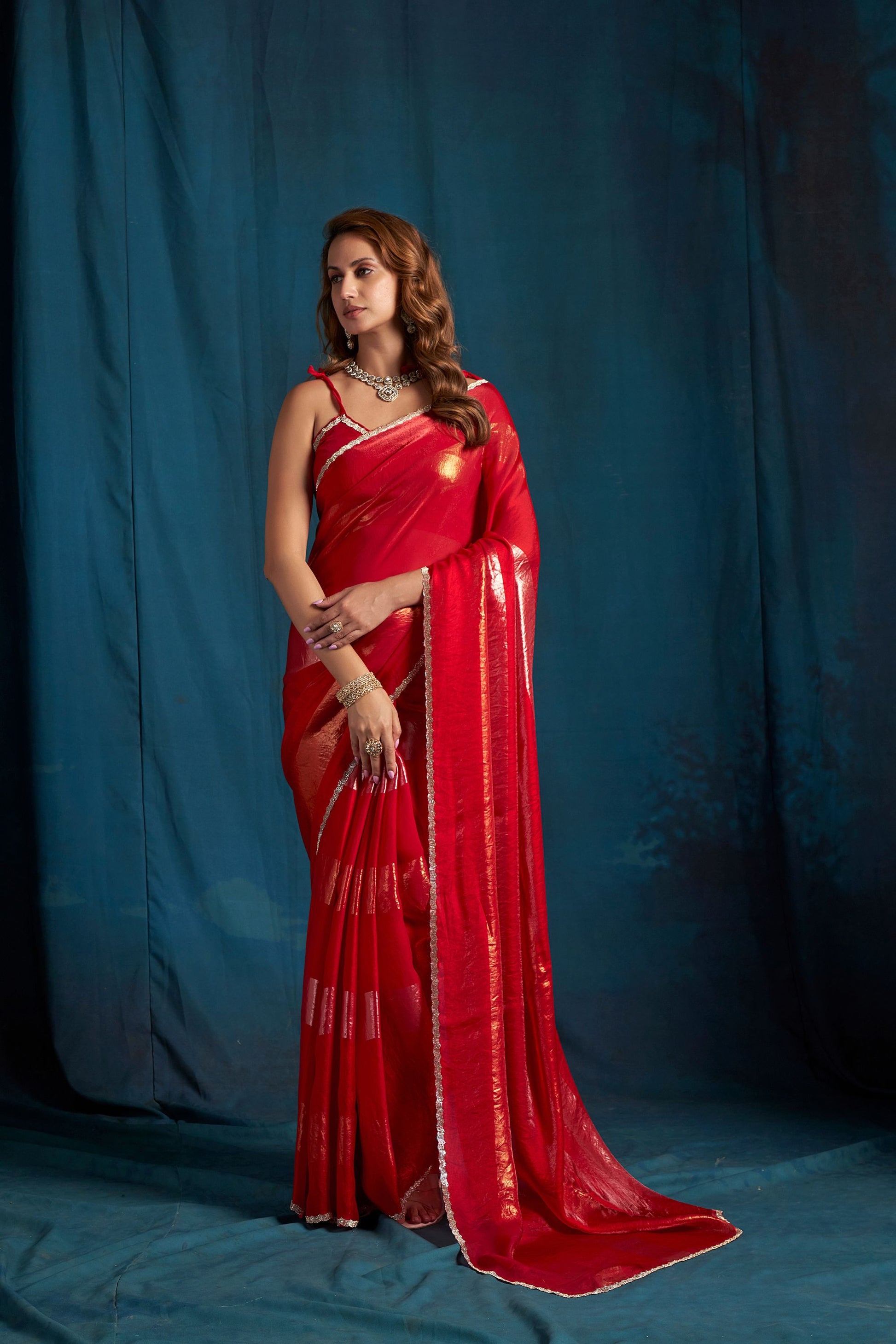 Red Satin Silk Saree with Gold Zari Border Designer Party Wear