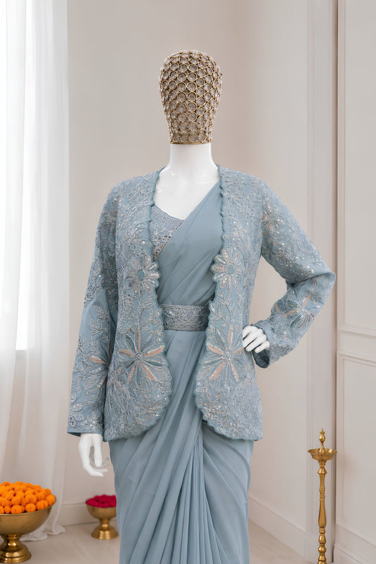 Blue Ready-to-Wear Saree Heavy Embroidered Designer Jacket