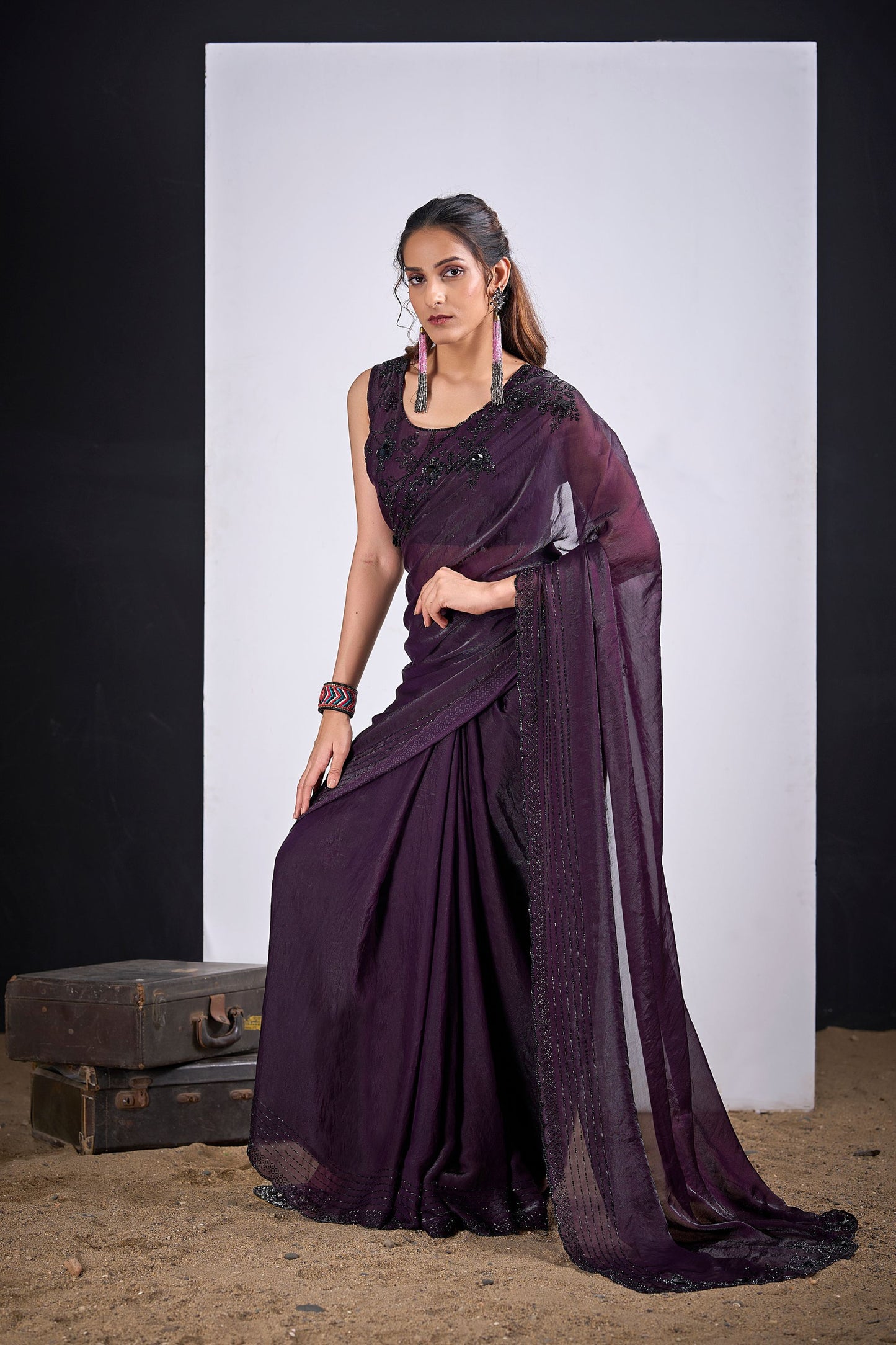 Wine Purple Organza Silk Saree Black Embroidered Blouse Designer Saree