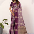 Wine Purple Banarasi Silk Saree Gold Zari Motifs Rich Woven Pallu