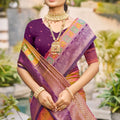 Stunning Rani Pink and Mustard Silk Saree with Purple Zari Woven Border
