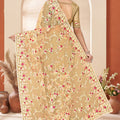 Golden Beige Net Floral Embroidered Saree Heavy Scalloped Border Blouse