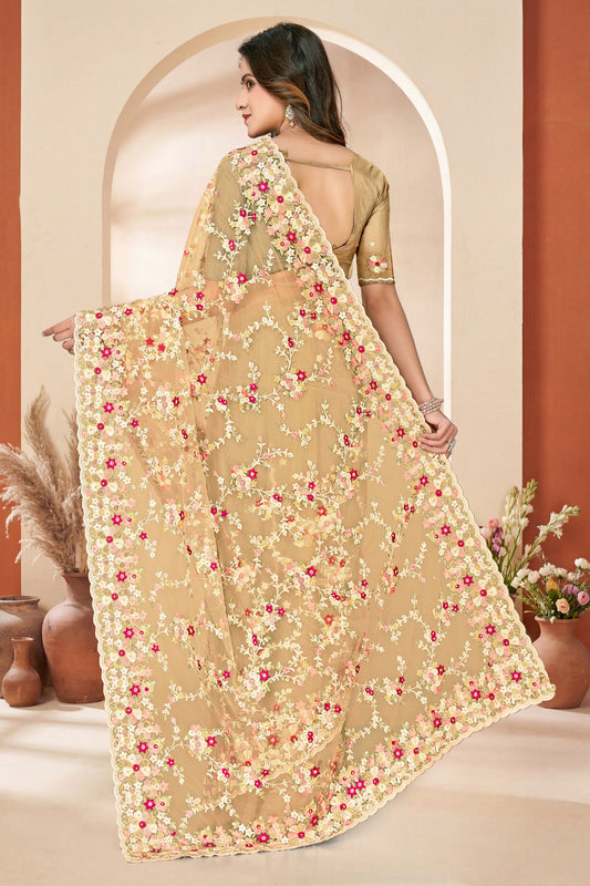 Golden Beige Net Floral Embroidered Saree Heavy Scalloped Border Blouse
