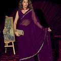 Deep Purple Georgette Saree with Embroidered Border Designer Saree