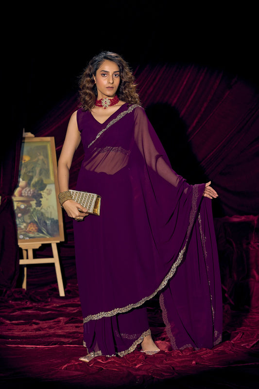 Deep Purple Georgette Saree with Embroidered Border Designer Saree