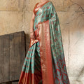 Aqua Blue Banarasi Silk Saree  Red Zari Border and Floral Weaving Saree