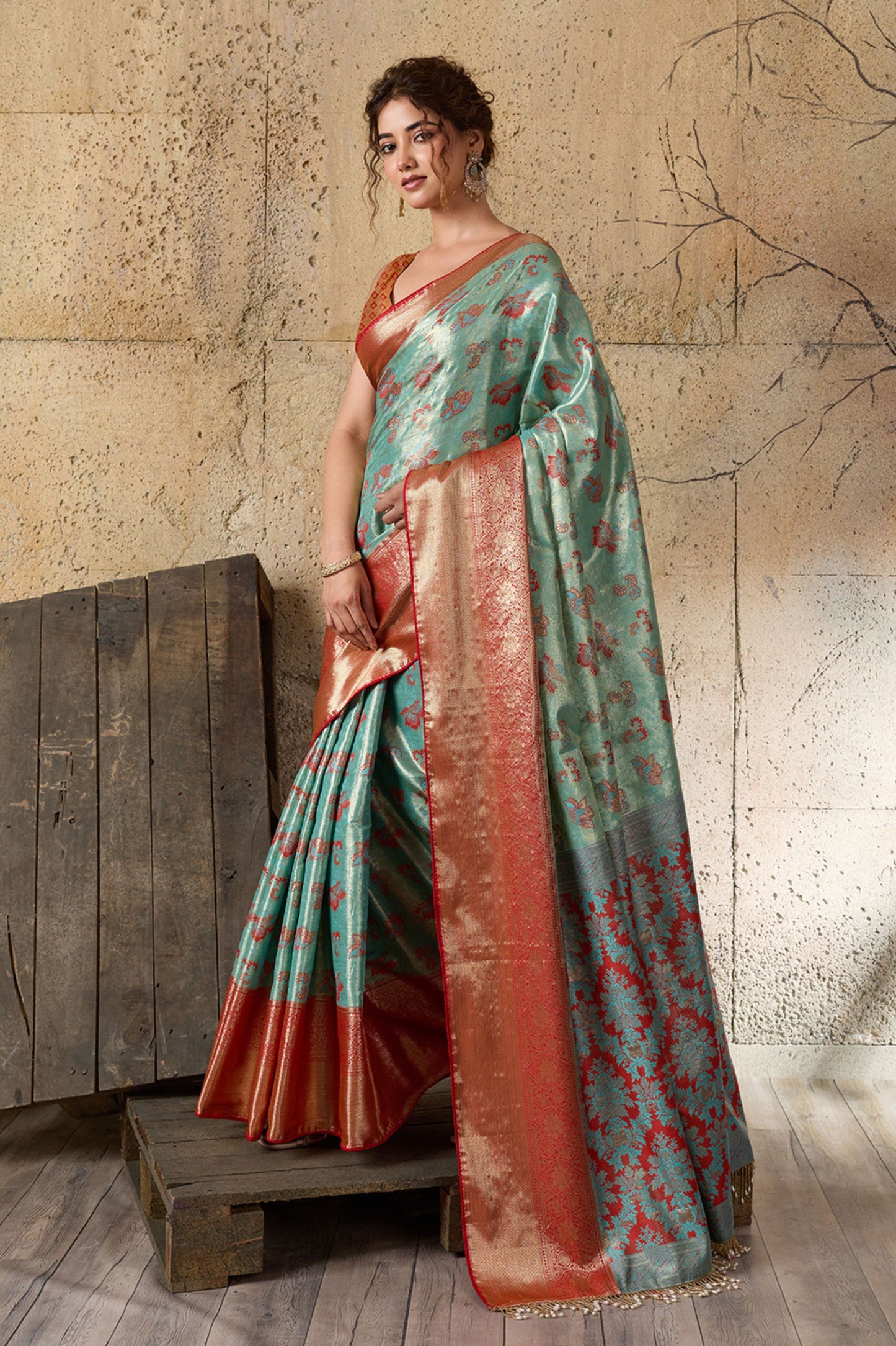 Aqua Blue Banarasi Silk Saree  Red Zari Border and Floral Weaving Saree