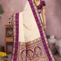 Cream Banarasi Silk Saree with Purple Zari Woven Border Rich Pallu