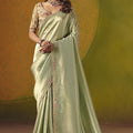 Pastel Green Silk Saree Floral Embroidered Border Readymade Blouse