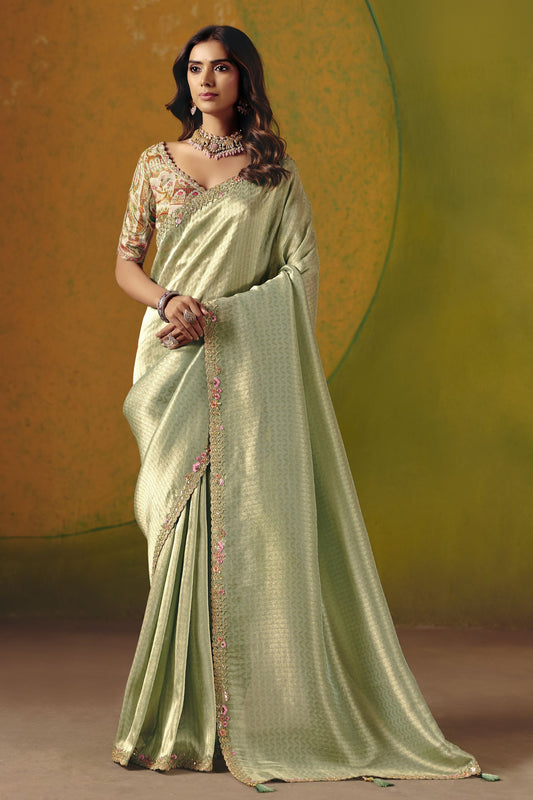Pastel Green Silk Saree Floral Embroidered Border Readymade Blouse