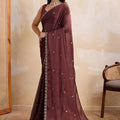 Wine Brown Georgette Saree with Silver Zari Border Butti Work