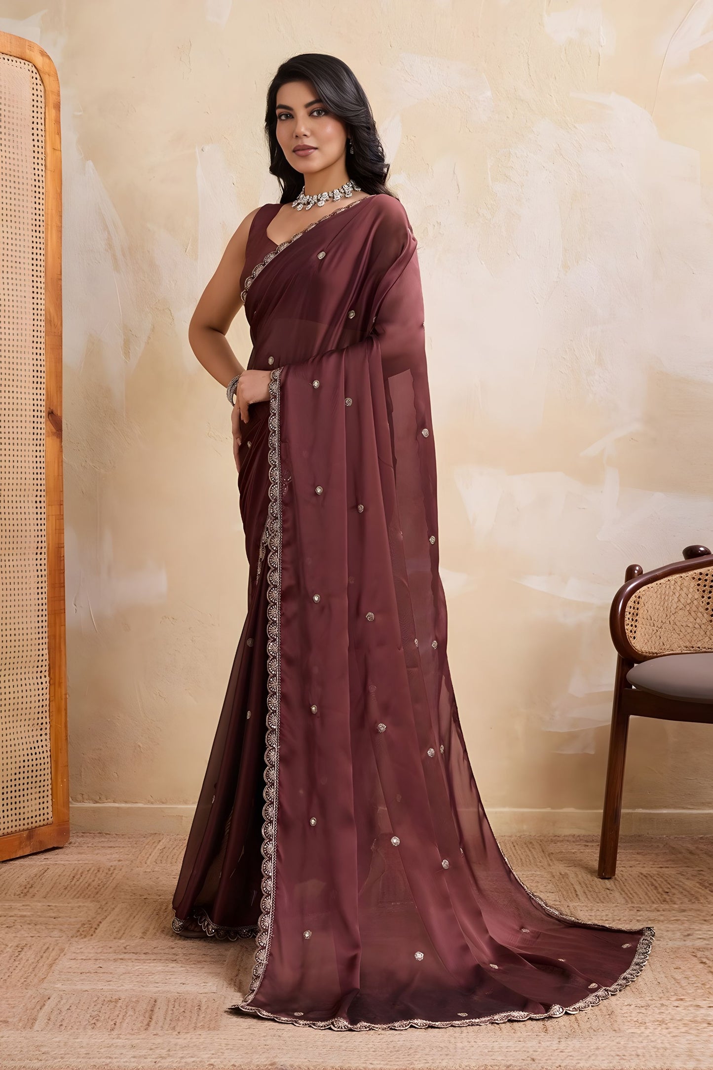 Wine Brown Georgette Saree with Silver Zari Border Butti Work