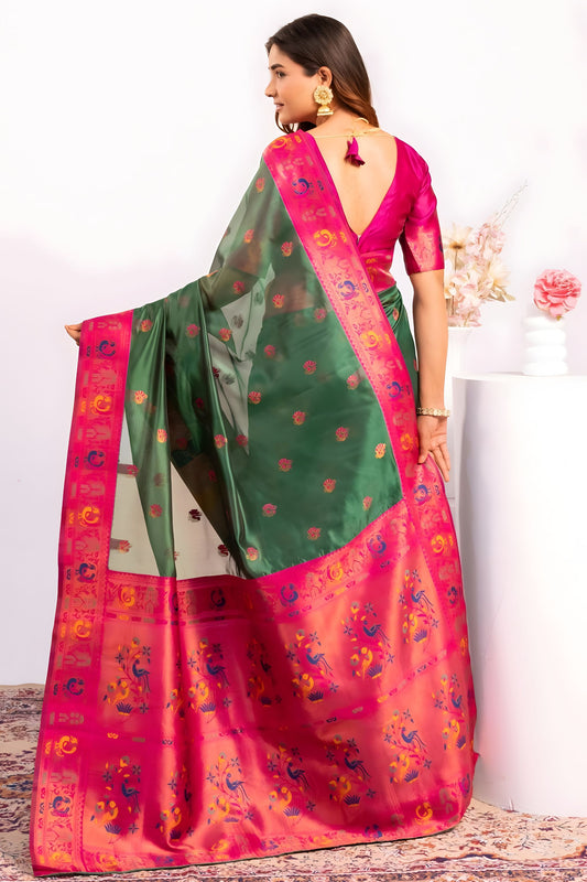 Green Paithani Silk Saree with Pink Zari Border and Traditional