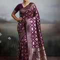 Luxury Wine Purple Banarasi Silk Saree Rich Gold Zari Weaving Traditional Motifs