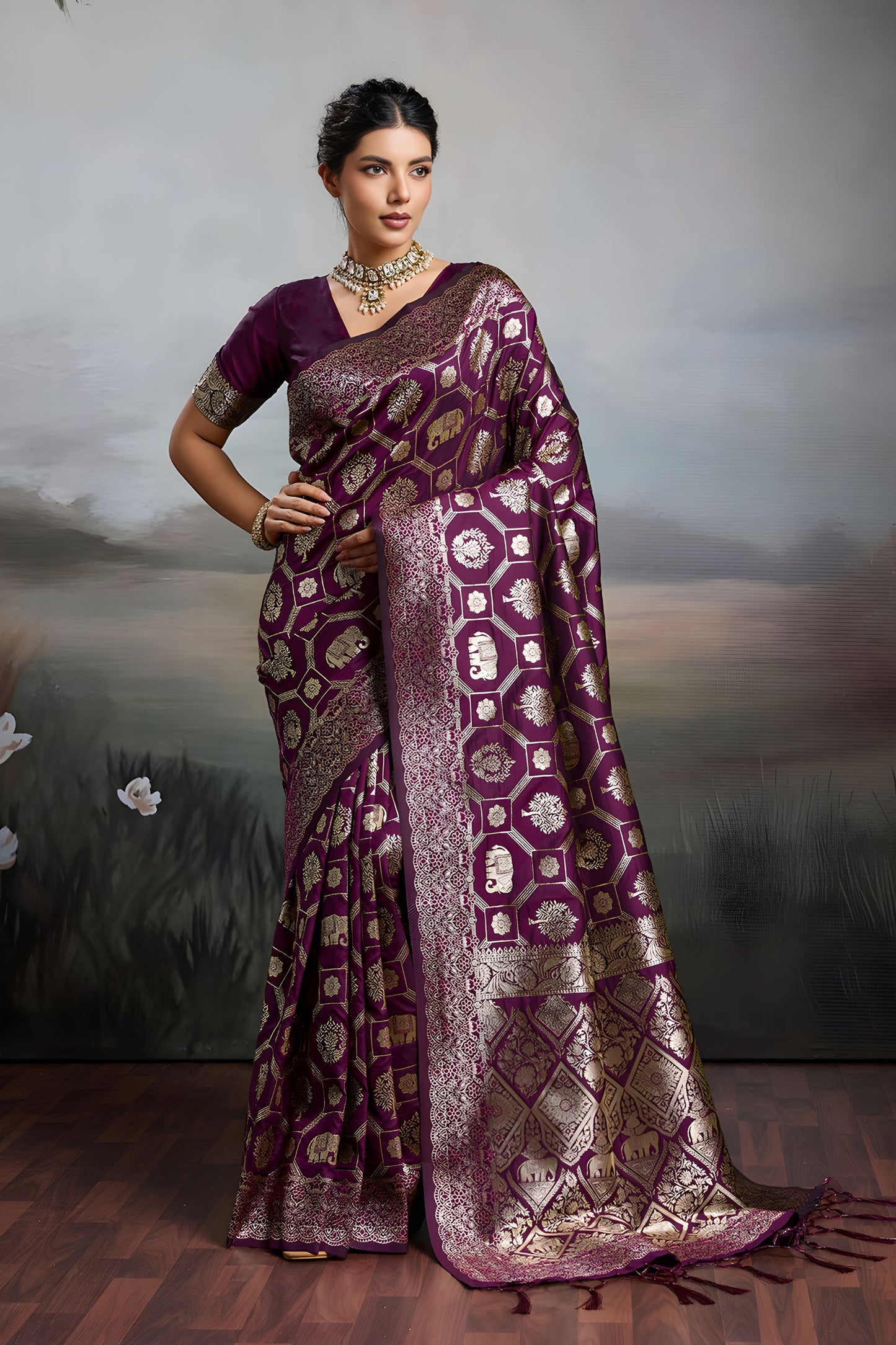 Luxury Wine Purple Banarasi Silk Saree Rich Gold Zari Weaving Traditional Motifs