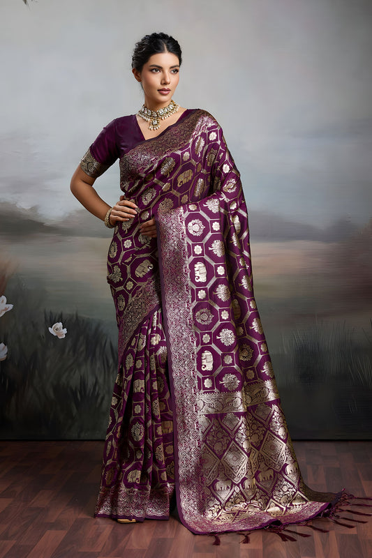 Luxury Wine Purple Banarasi Silk Saree Rich Gold Zari Weaving Traditional Motifs