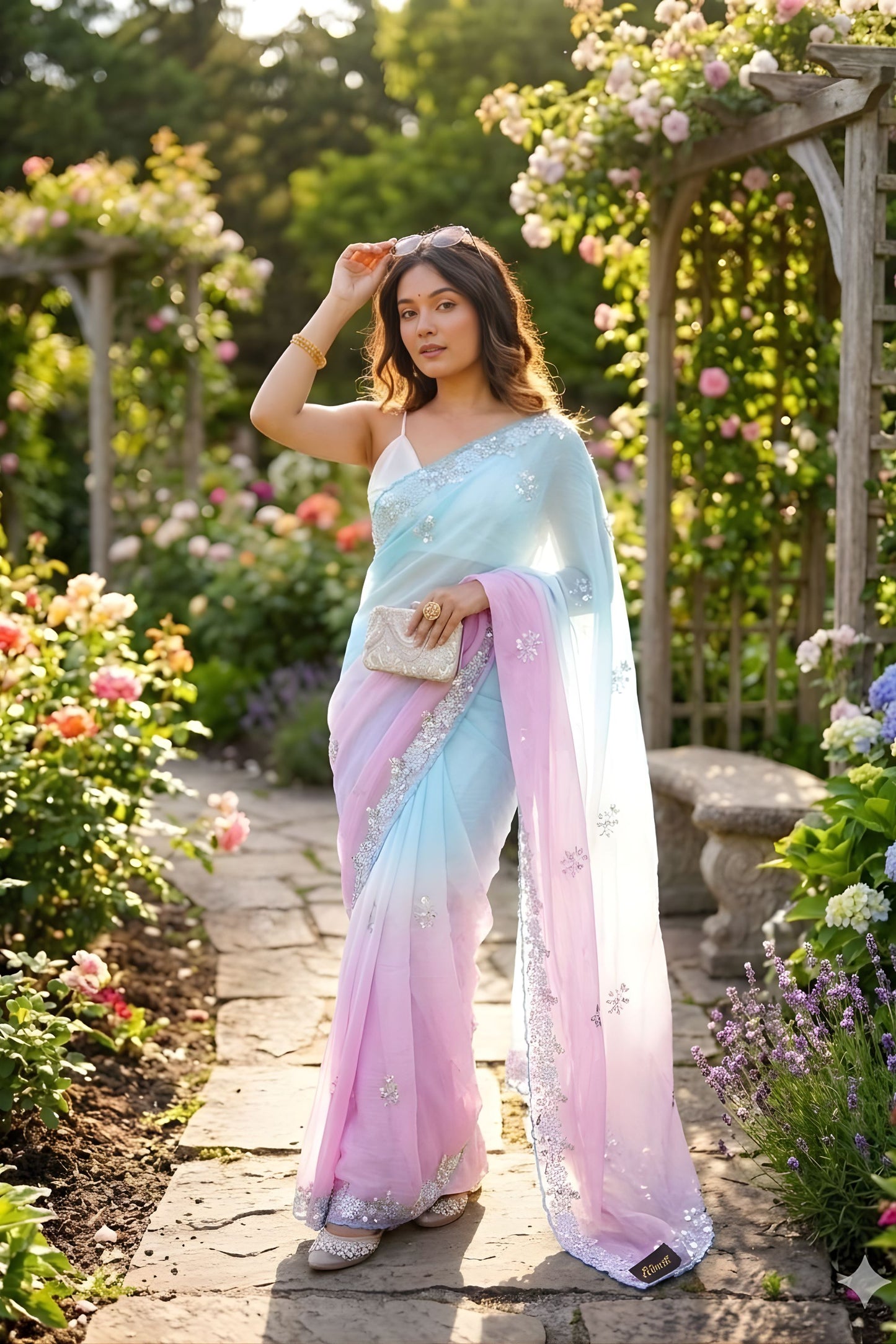 Sky Blue Pink Ombre Designer Saree with Sequin Embroidered Border
