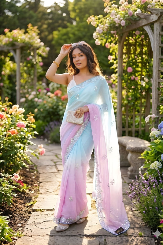Sky Blue Pink Ombre Designer Saree with Sequin Embroidered Border