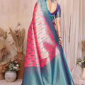 Teal Blue Pink Banarasi Silk Saree with Rich Zari Weaving and Contrast Border
