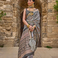 Grey and Black Printed Linen Silk Saree with Designer Ethnic Border