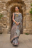 Grey and Black Printed Linen Silk Saree with Designer Ethnic Border