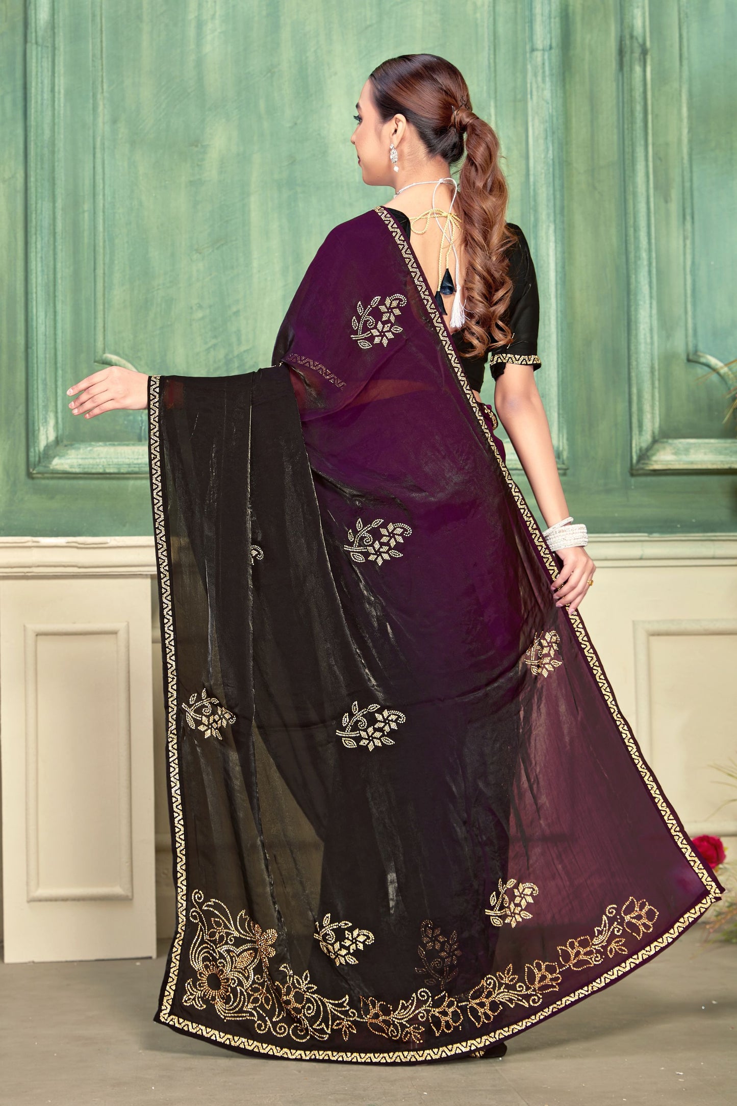 Black Purple Velvet Saree and Contrast Pallu Festive Wear