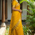 Mustard Yellow Kanjivaram Silk Saree Gold Zari Border Motif Pallu
