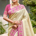 Golden Beige Silk Saree Rani Pink Banarasi Border Traditional Saree
