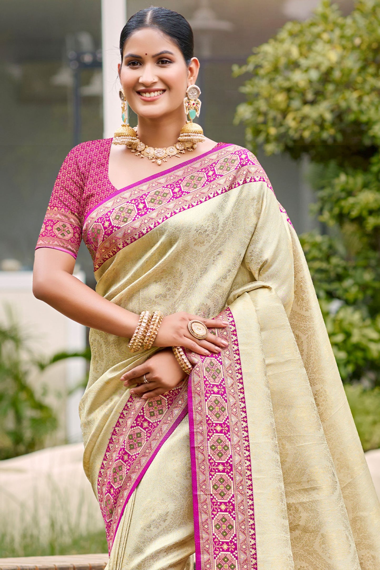 Golden Beige Silk Saree Rani Pink Banarasi Border Traditional Saree