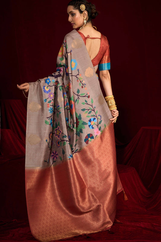Grey Banarasi Silk Saree with Multicolor Rich Copper Zari Pallu
