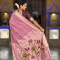 Dusty Pink Linen Silk Saree Hand Painted Lotus Pallu Zari Border