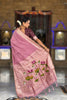 Dusty Pink Linen Silk Saree Hand Painted Lotus Pallu Zari Border