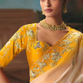 Ivory Mustard Yellow Embroidered Silk Saree with Zari Work