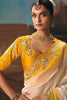 Ivory Mustard Yellow Embroidered Silk Saree with Zari Work