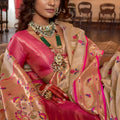 Beige Gold Banarasi Silk Saree Pink Border Floral Zari Work