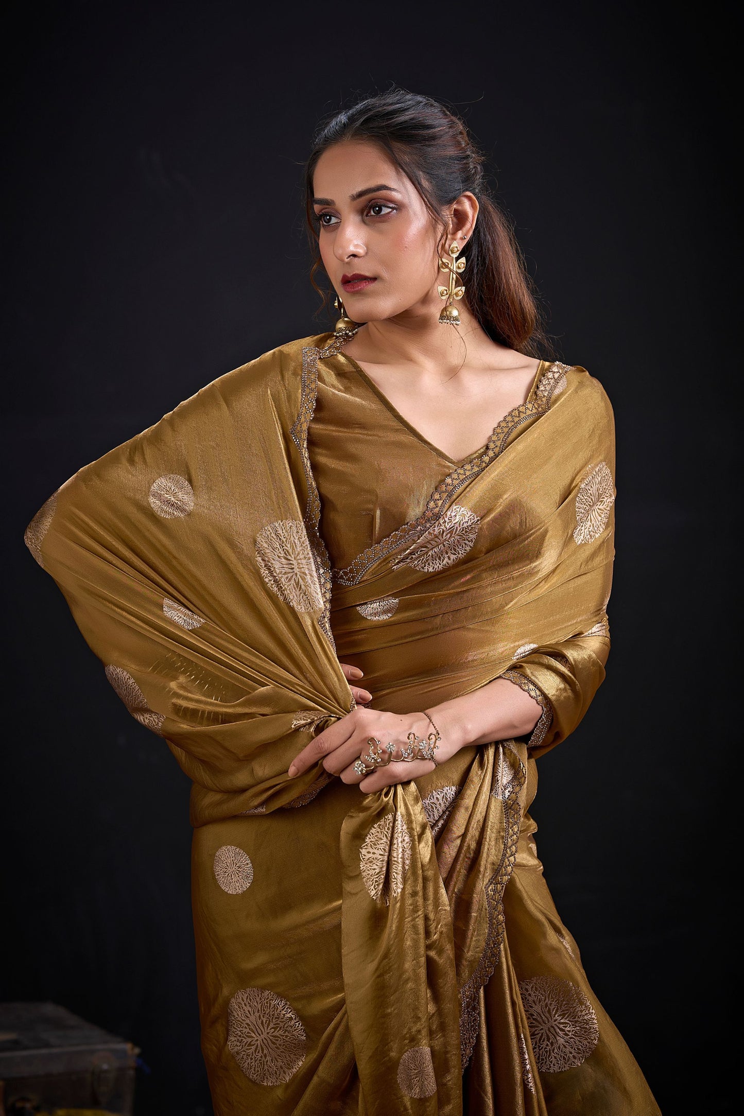 Rich Mustard Gold Tissue Silk Saree with Zari Polka Butti Work