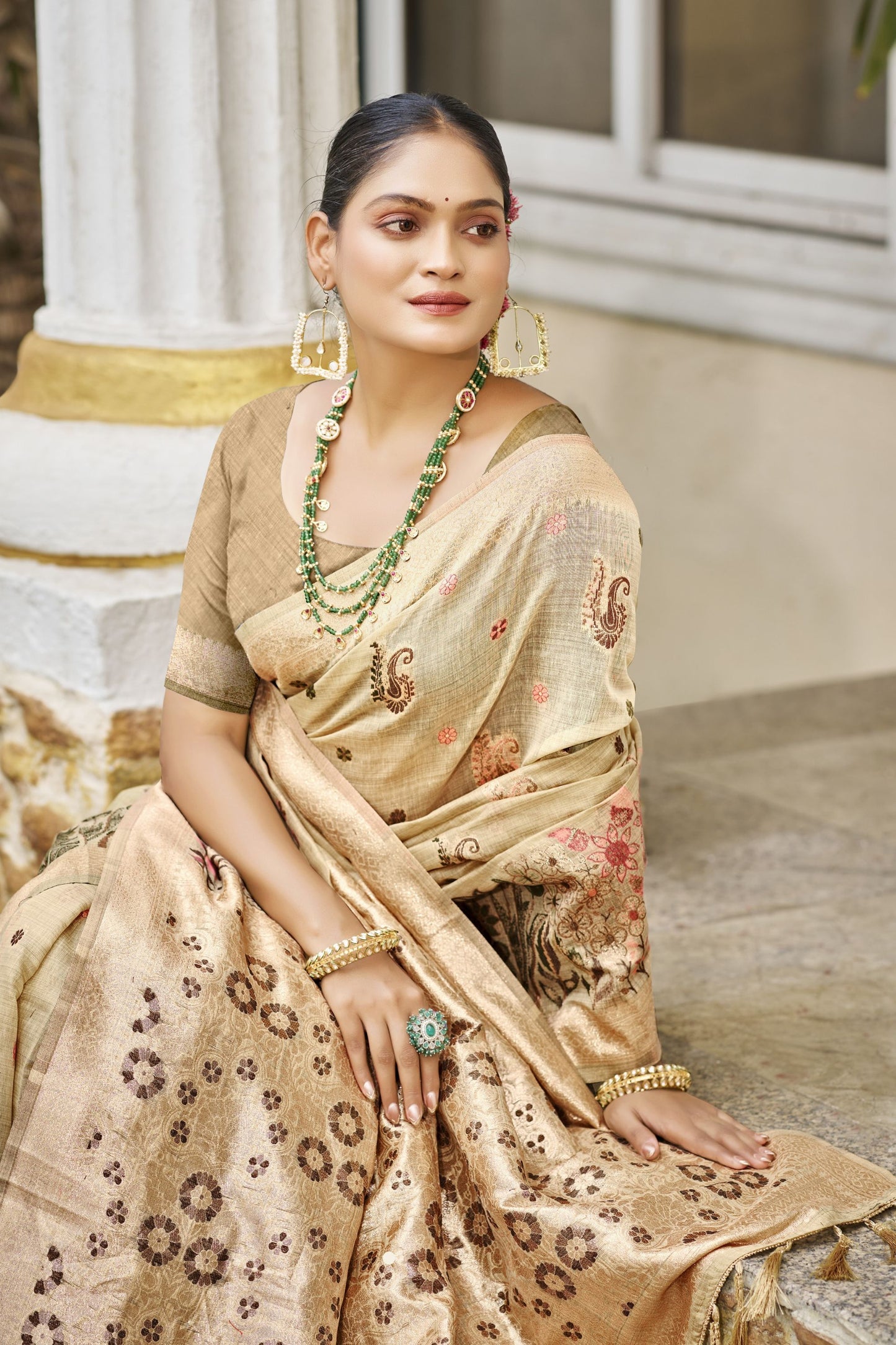 Beige Banarasi Silk Saree with Zari Weaving Pallu Festive Wear
