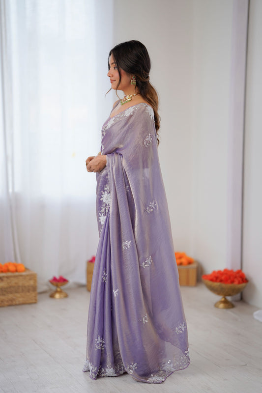 Lavender Organza Saree with Floral Work Party Wear Saree