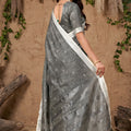 Grey Cotton Linen Saree with Woven Motifs Silver Zari Border