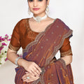 Copper Brown Dual Tone Silk Saree Zari Embroidered Border Buti Work