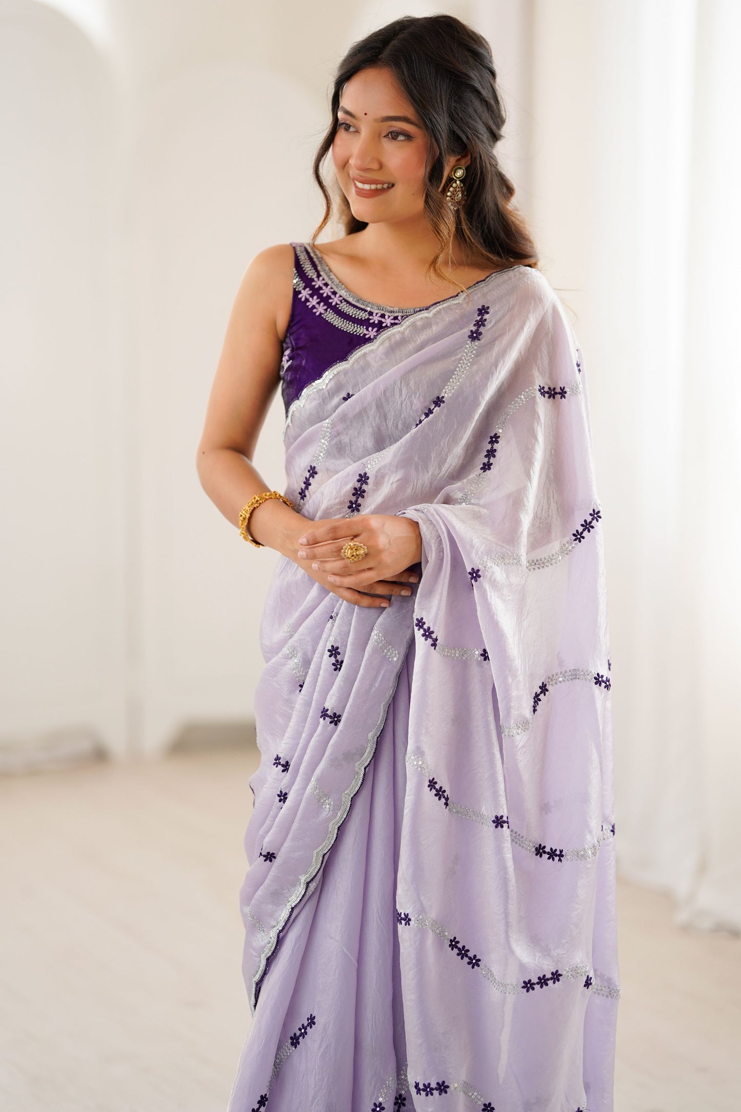 Lavender Tissue Silk Saree Purple Embroidered Sequin Designer Blouse