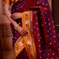 Rich Maroon Paithani Silk Saree with Contrast Orange Zari Border