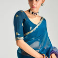 Teal Blue Purple Ombre Organza Saree with Designer Blouse